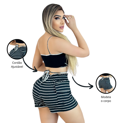 Short Feminino Malha Preto Listrado AJustável com Top