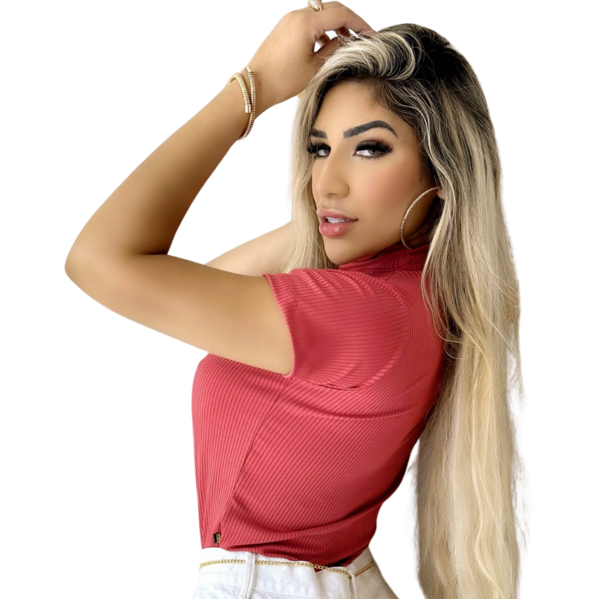 Blusa Feminina Manga Curta cor Vermelho Goiaba