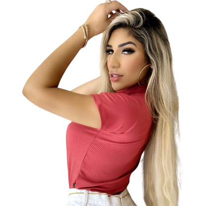 Blusa Feminina Manga Curta cor Vermelho Goiaba