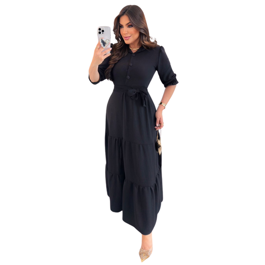 Vestido Alfaiataria Preto Longo Com Babado
