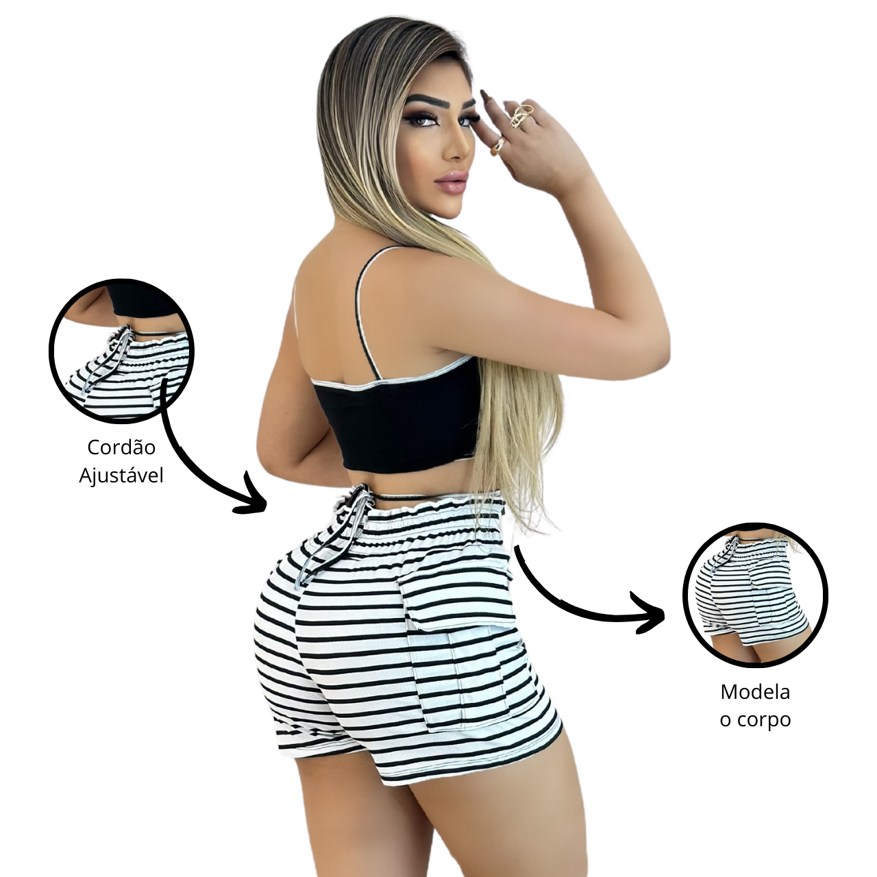 Short Feminino Malha Branco Listrado AJustável com Top