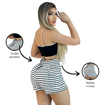 Short Feminino Malha Branco Listrado AJustável com Top
