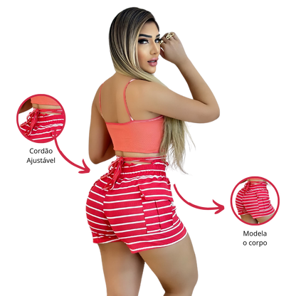 Short Feminino Malha Rosa Listrado AJustável com Top