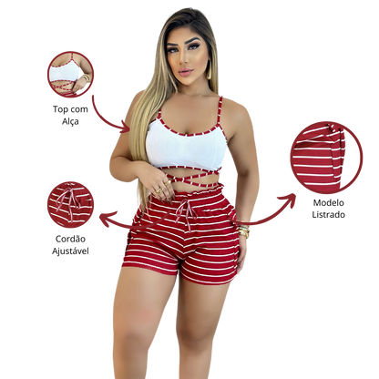 Short Feminino Malha Vermelho Listrado AJustável com Top