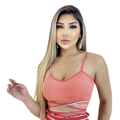 Short Feminino Malha Rosa Listrado AJustável com Top
