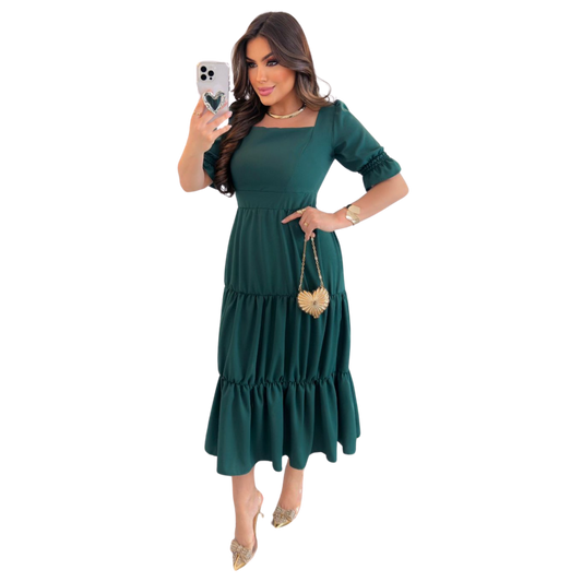 Vestido Evangélico Alfaiataria Verde Longo com Babado