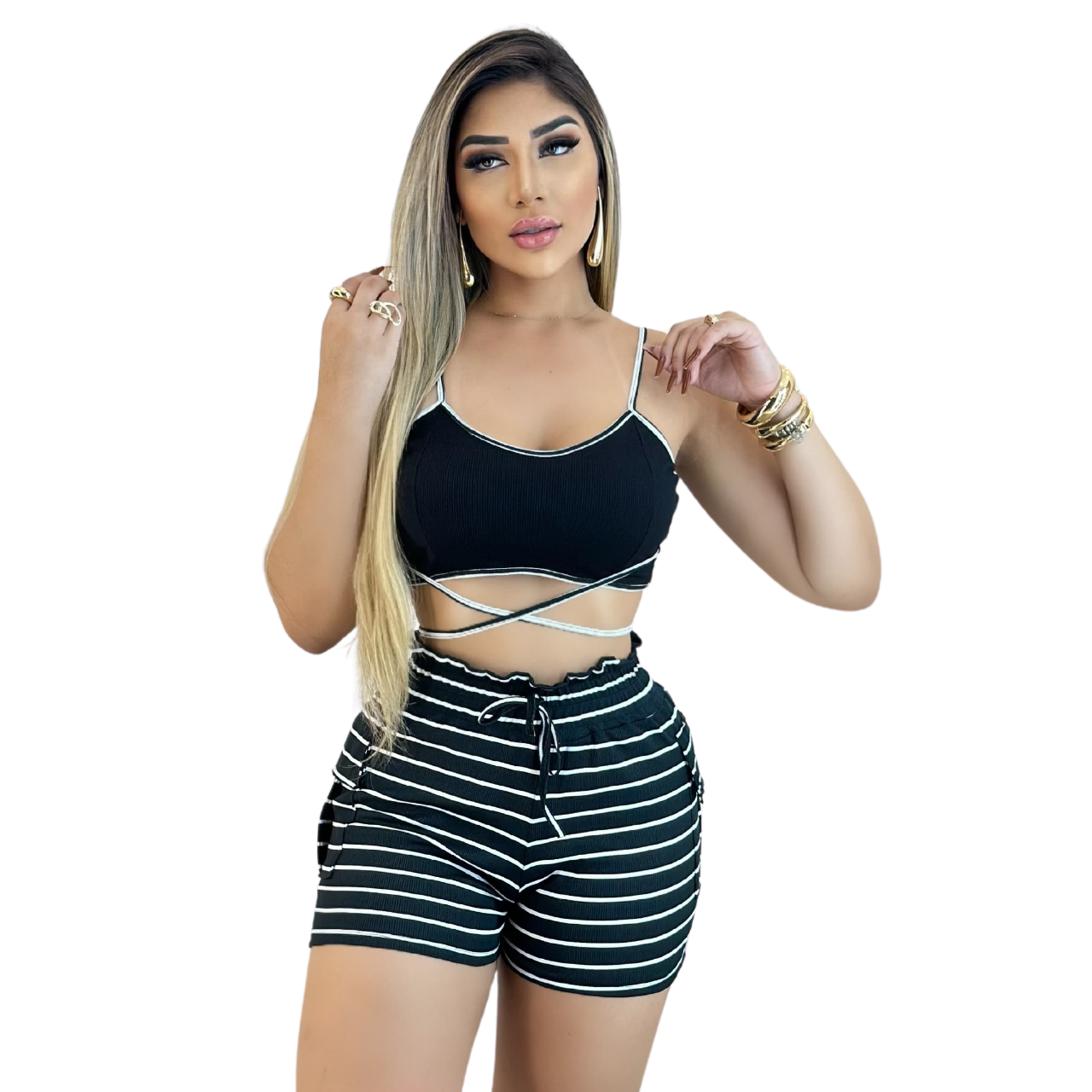 Short Feminino Malha Preto Listrado AJustável com Top