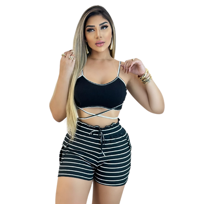 Short Feminino Malha Preto Listrado AJustável com Top