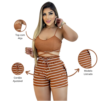 Short Feminino Malha Marrom Listrado AJustável com Top