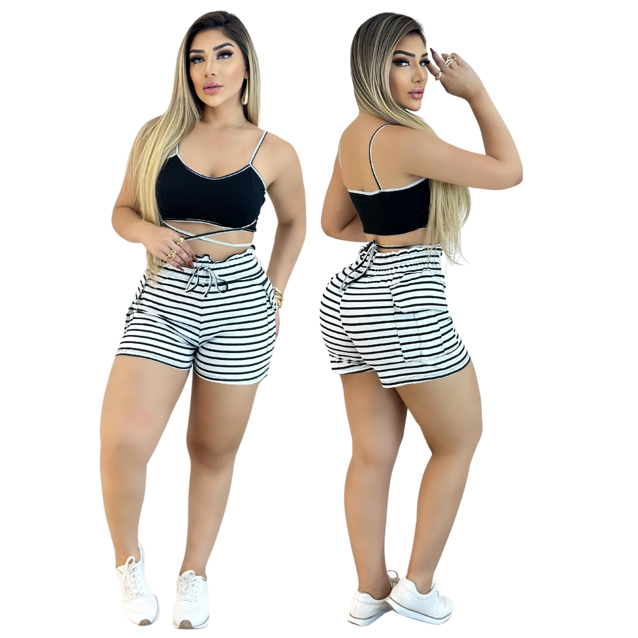 Short Feminino Malha Branco Listrado AJustável com Top