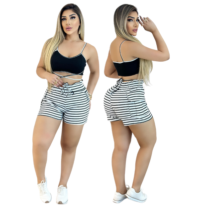 Short Feminino Malha Branco Listrado AJustável com Top