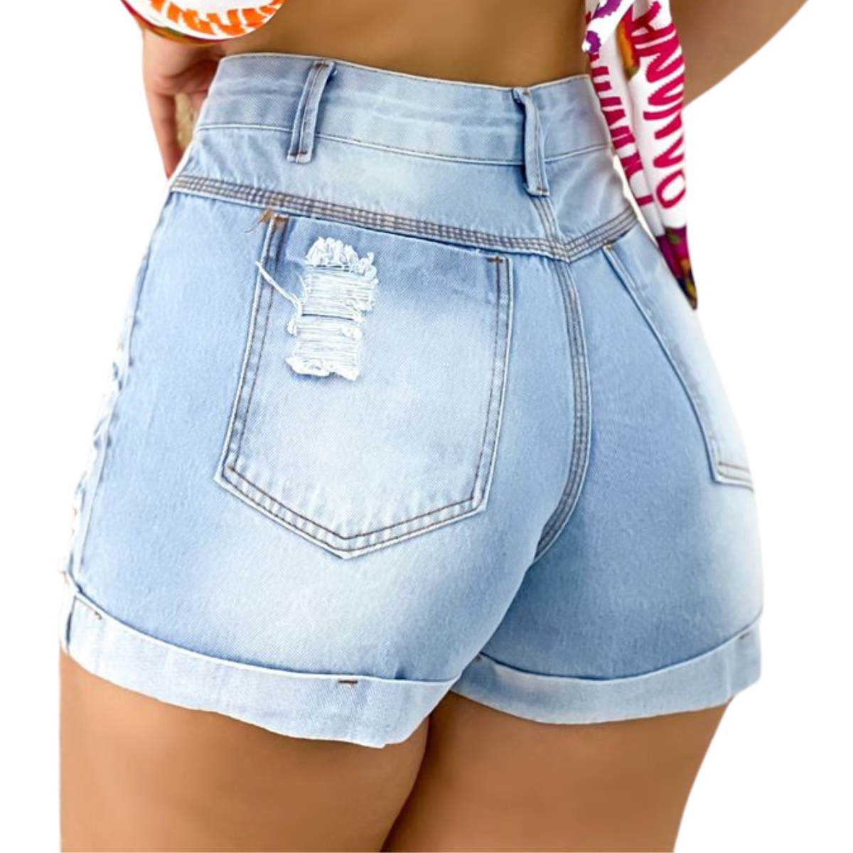 Short Jeans Feminino Cintura Alta com lavagem Clara