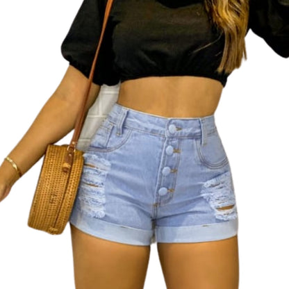 Short Jeans Feminino Cintura Alta com Detalhes Destroyed