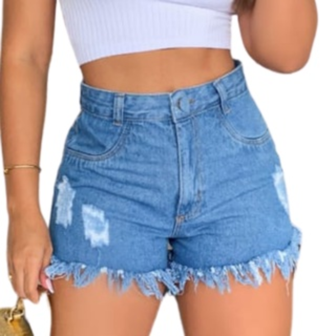 Short Jeans Feminino Barra Desfiada Curto