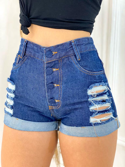 Short Jeans Feminino Barra Dobrada com Cintura Alta