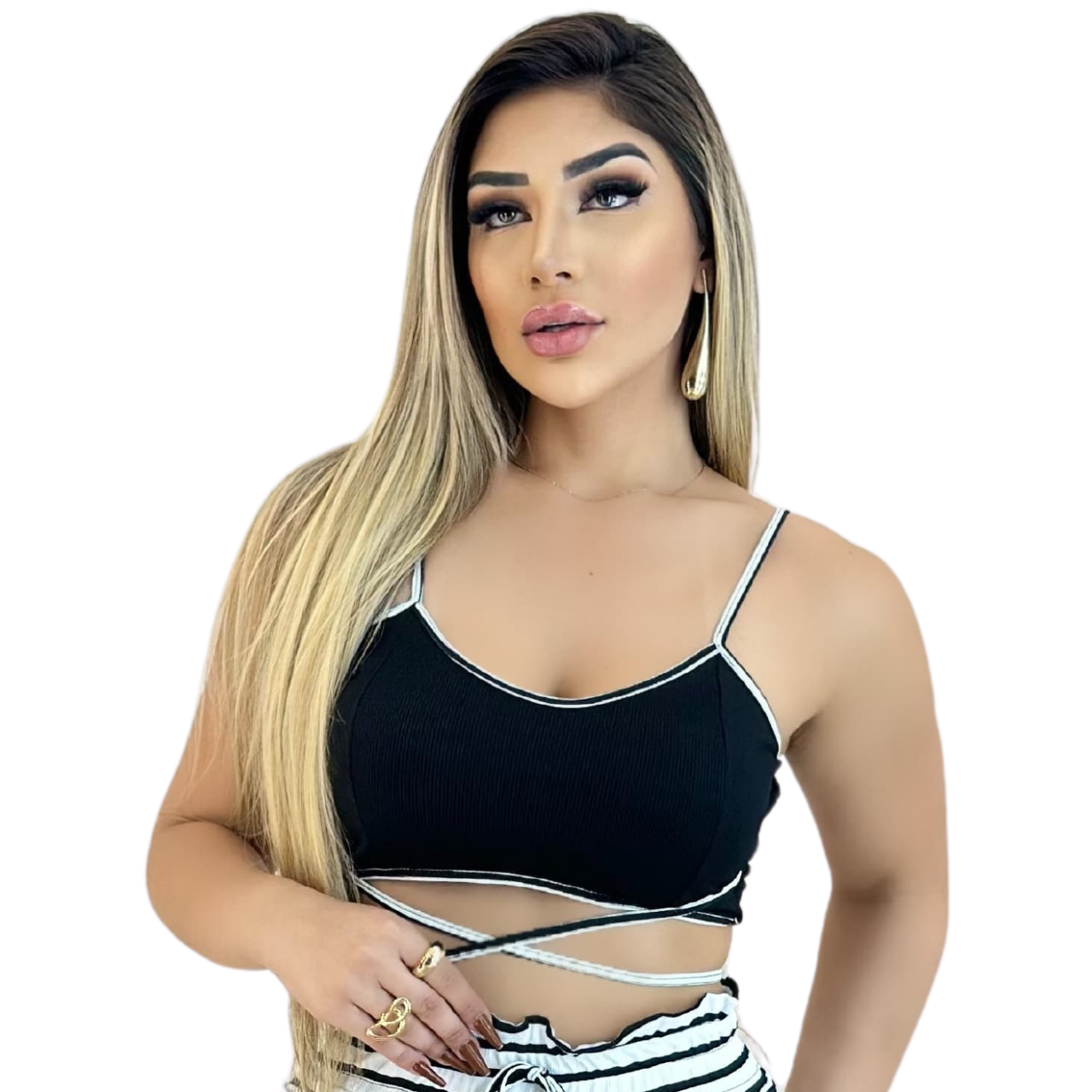 Short Feminino Malha Branco Listrado AJustável com Top