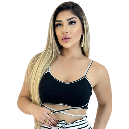 Short Feminino Malha Branco Listrado AJustável com Top