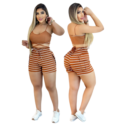 Short Feminino Malha Marrom Listrado AJustável com Top