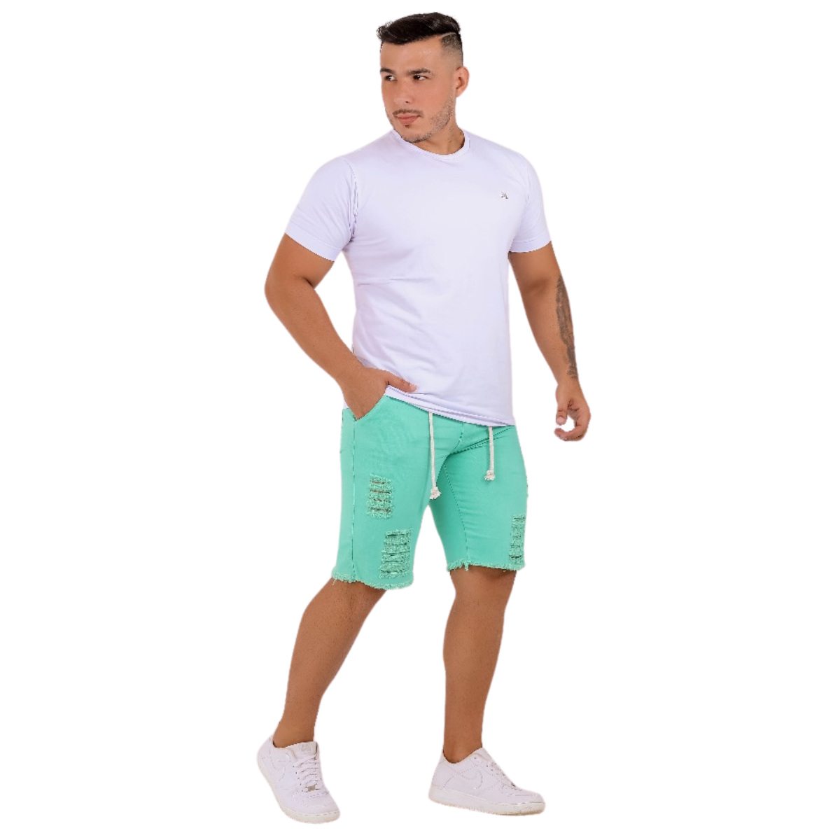 Bermuda Jeans Masculina Destroyed Verde Neon