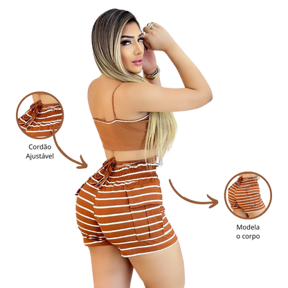 Short Feminino Malha Marrom Listrado AJustável com Top