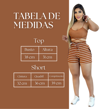 Short Feminino Malha Marrom Listrado AJustável com Top