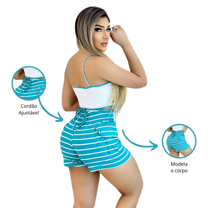 Short Feminino Malha Azul Listrado AJustável com Top