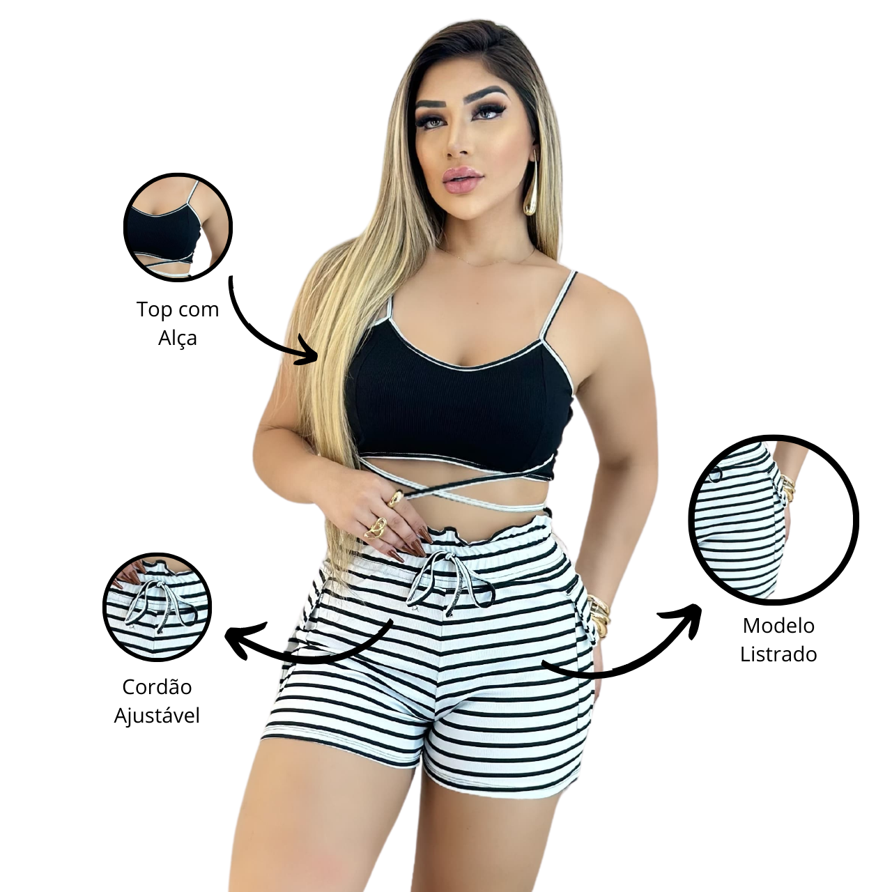 Short Feminino Malha Branco Listrado AJustável com Top