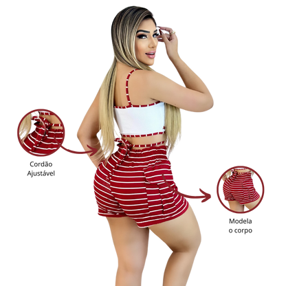 Short Feminino Malha Vermelho Listrado AJustável com Top