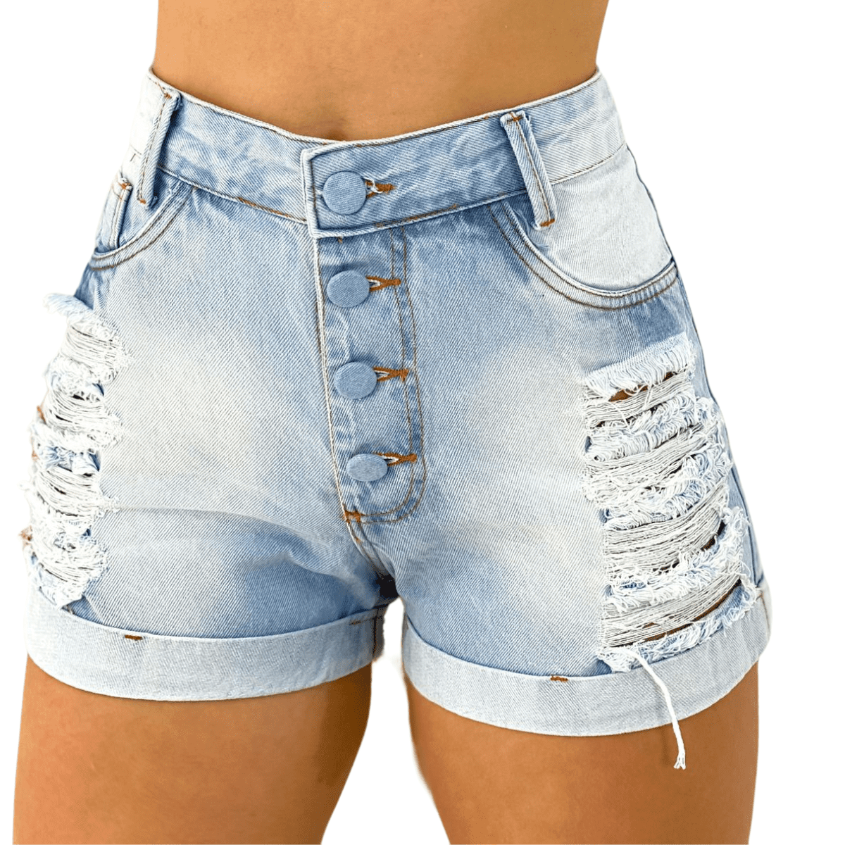 Short Jeans Feminino Cintura Alta com lavagem Clara