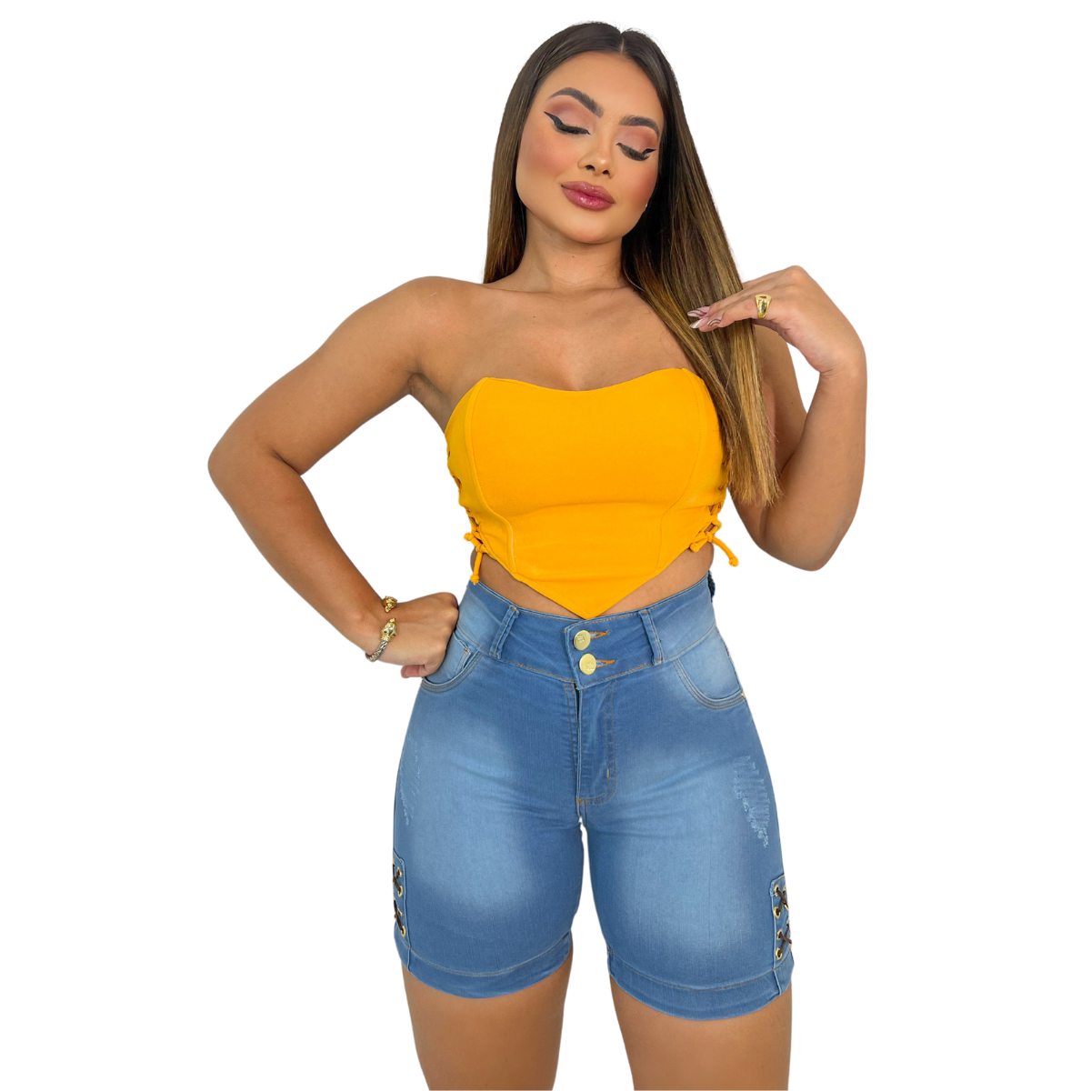 Short Feminino Meia Coxa c/Ilhós e Cintura Alta: Luxuoso