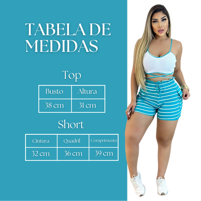 Short Feminino Malha Azul Listrado AJustável com Top
