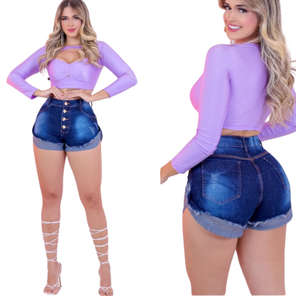 Short Jeans Feminino 4 Botões com Lavagem Escura