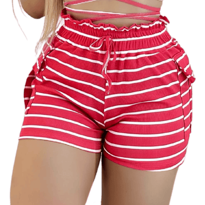 Short Feminino Malha Rosa Listrado AJustável com Top
