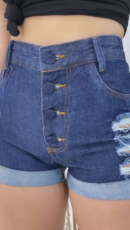 Short Jeans Feminino Barra Dobrada com Cintura Alta