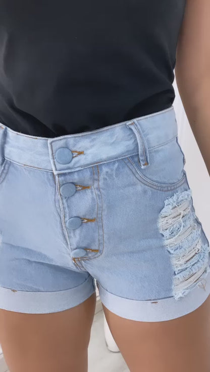 Short Jeans Feminino Cintura Alta com Detalhes Destroyed